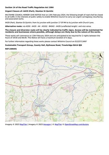  - Urgent closure notice for A429 (Part), Stanton St Quintin