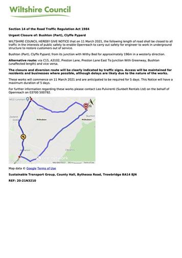  - Road Closure -Bushton, Clyffe Pypard from 11 March – 15 March 2021